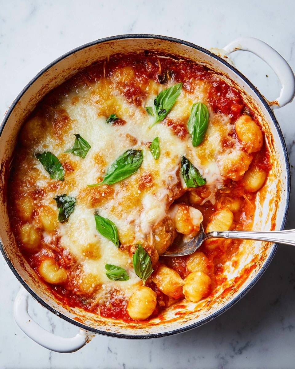 A white pot filled with three layers of food is shown on a white marbled surface. The bottom layer is red tomato sauce, thick and chunky with visible pieces of what looks like cooked gnocchi. The middle layer has melted golden-yellow cheese that stretches slightly as a silver spoon scoops some of the dish. The top layer is sprinkled with grated white cheese and fresh green basil leaves scattered on top. The pot has wide handles on both sides, and the edges show some red sauce stains. photo taken with an iphone --ar 4:5 --v 7