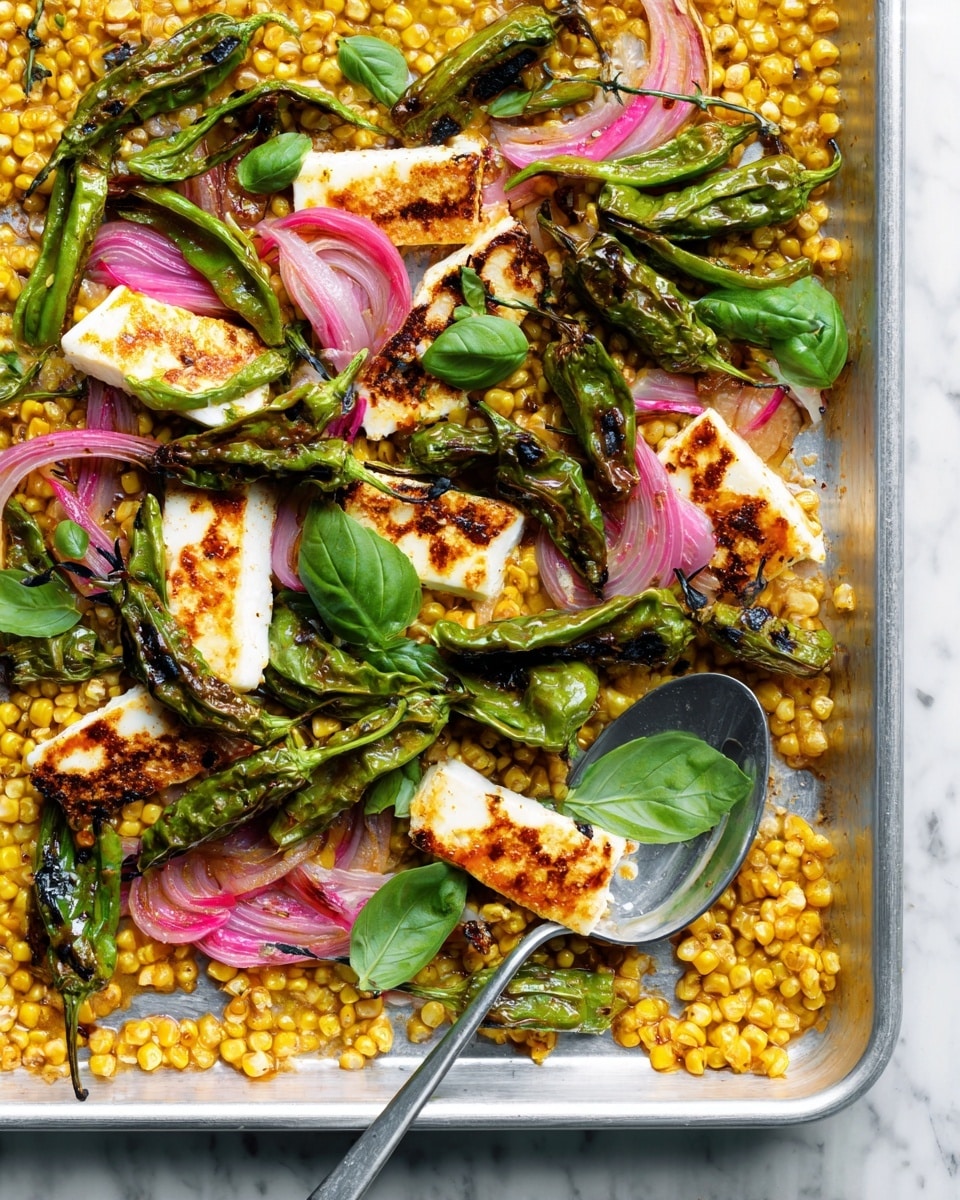 The image shows a baking tray filled with a cooked dish consisting of several layers: the base is a layer of roasted corn kernels, golden yellow in color with some slight char marks; on top of this are bright green roasted shishito peppers, some showing charred spots; scattered around are thick slices of grilled halloumi cheese with a golden brown crust and white soft interior; thin pink pickled onion slices are layered lightly over the cheese and peppers; fresh basil leaves add a finishing touch with their vibrant green color. A metal serving spoon rests among the food on the tray, which is placed on a white marbled surface. photo taken with an iphone --ar 4:5 --v 7