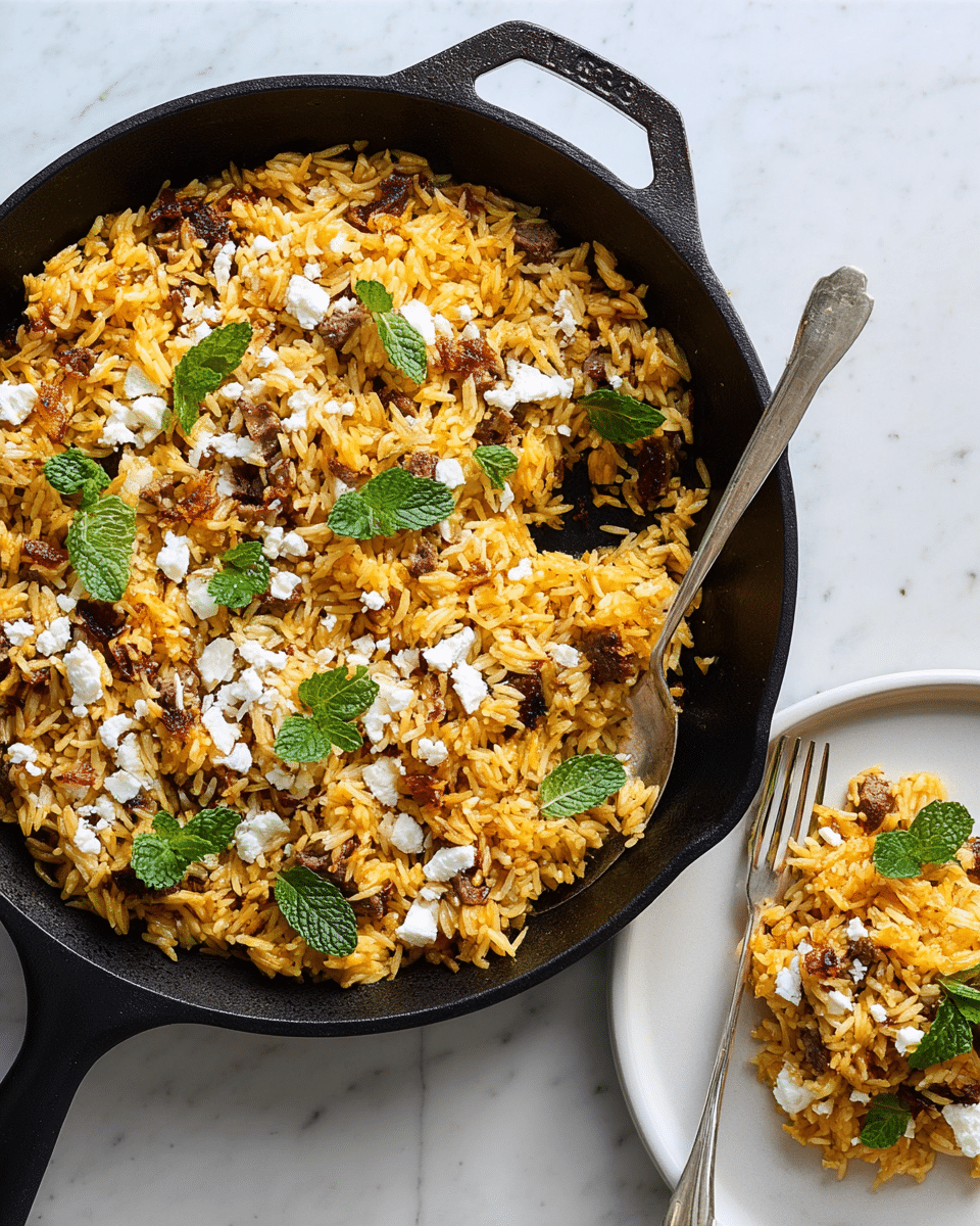 A cast iron skillet filled with a dish of yellow-orange cooked rice mixed with small brown meat pieces, topped with scattered white cheese crumbles and fresh green mint leaves. The rice shows some browned, crispy spots, adding texture contrast. To the right, a white plate holds a serving of the same rice dish with a silver fork resting on it. The whole scene is set on a white marbled surface. photo taken with an iphone --ar 4:5 --v 7