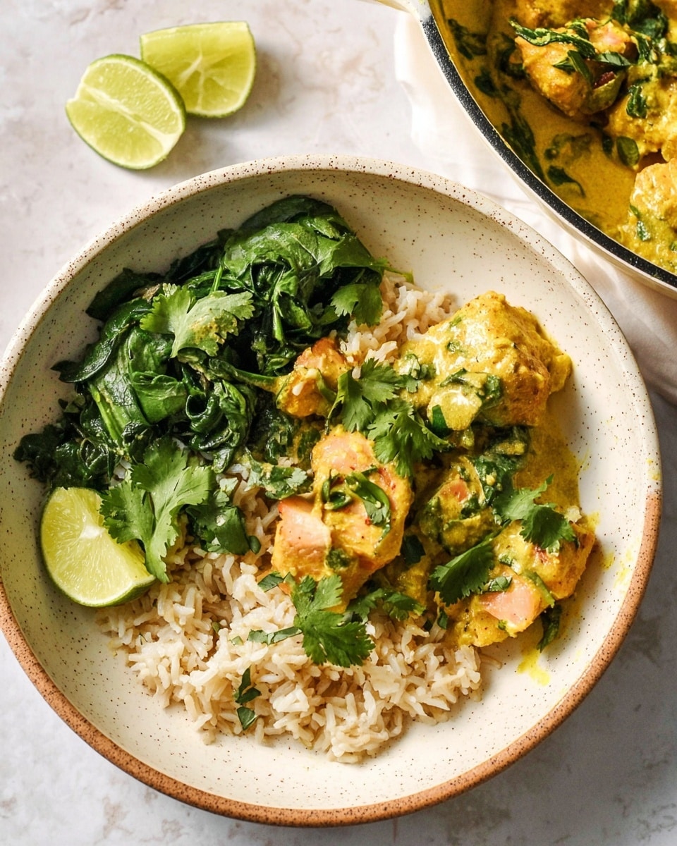 The image shows a round white bowl with a brown rim filled with three main layers. The bottom layer is white rice mixed with some green herbs. On one side, there are bright green cooked spinach leaves, and on the other side, there are pieces of pinkish cooked fish with a golden yellow sauce covering them. A few fresh green cilantro leaves are placed on top, and two lime halves sit above the bowl. To the right, a pan with the same cooked spinach and sauce-covered fish pieces is partially visible on a white marbled texture. Photo taken with an iphone --ar 4:5 --v 7