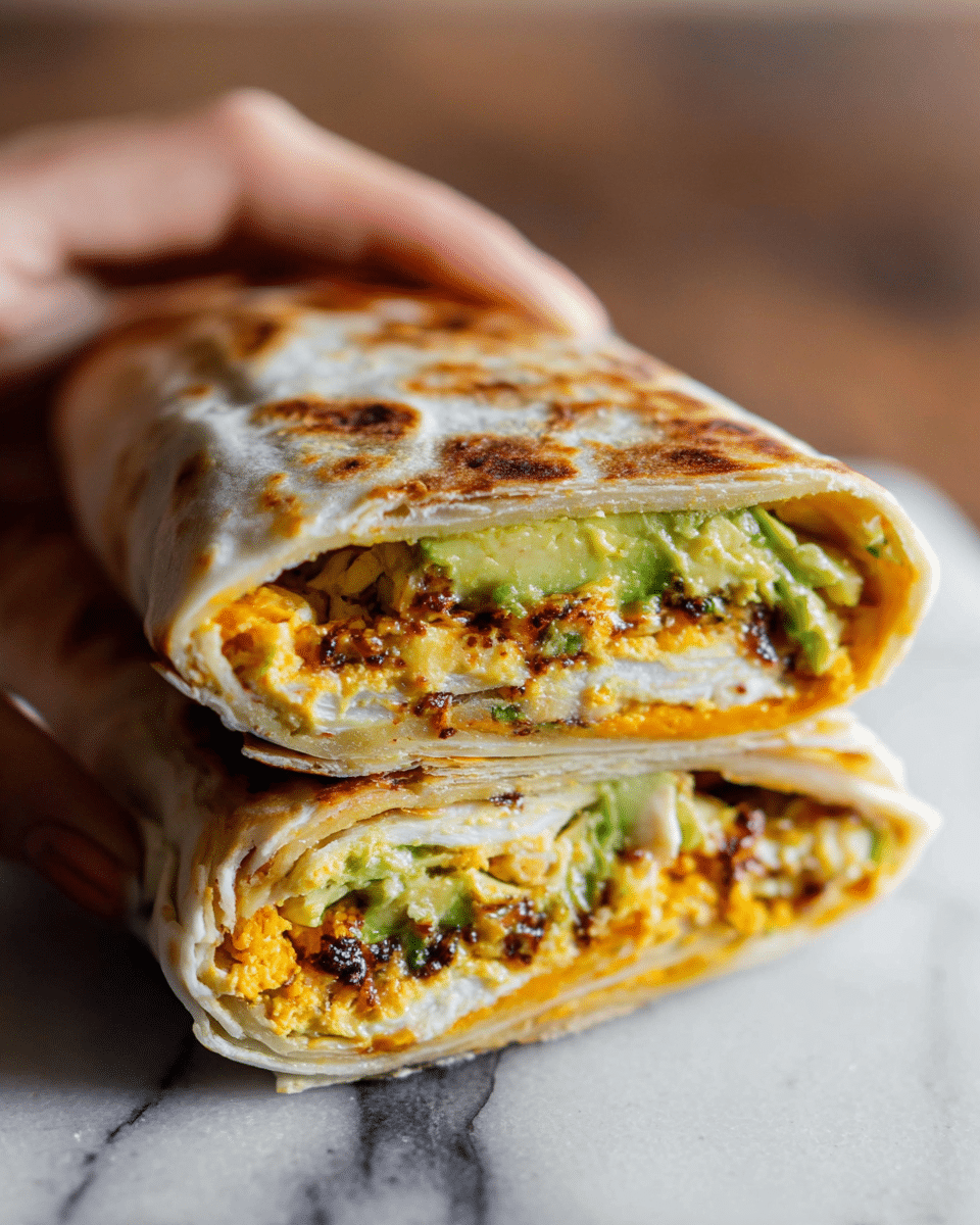 A close-up image shows two halves of a folded flatbread wrap stacked, with a woman's hand holding the top half. The wrap has a thin, light golden layer of flatbread with some darker toasted spots. Inside, there are multiple layers including a bright orange cheese layer, chunks of green avocado, and a layer with dark, crumbly bits that look like seasoning or sauce. The texture inside looks creamy and chunky. The entire wrap sits on a surface that has a white marbled texture. photo taken with an iphone --ar 4:5 --v 7