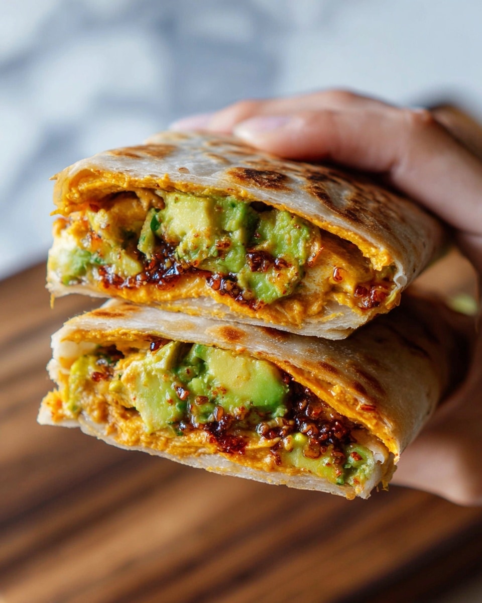 A close-up image shows a woman’s hand holding a folded flatbread sandwich cut in half, stacked on each other. The flatbread is light brown with some darker toasted spots and a soft, flaky texture. Inside, the visible layers include a bright orange creamy spread on the flatbread, vibrant green chunky avocado pieces, and a dark red-brown thick sauce with small seeds or spices scattered throughout. The sandwich is resting on a wooden surface with a blurry white marbled background. photo taken with an iphone --ar 4:5 --v 7