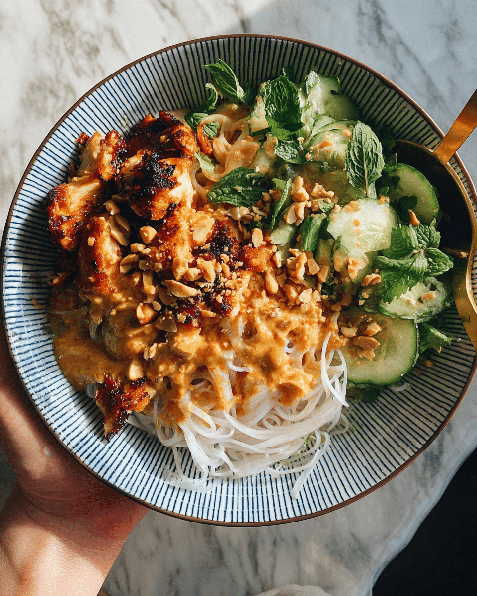 A bowl with three main layers: the bottom layer is thin white rice noodles, slightly tangled and soft, placed at the center bottom of the bowl. On the top left, there are pieces of grilled chicken with a crispy, dark golden-brown crust, covered with a creamy, light orange peanut sauce and sprinkled with crushed peanuts. On the right side, there are thin cucumber slices mixed with fresh green herbs and thin slices of red onion, lightly coated with some of the sauce. The dish is garnished with whole green herbs scattered around, and a golden spoon resting on the right side. The bowl is white with a blue geometric pattern, held by a woman's hand from the bottom left. The background is a white marbled texture. photo taken with an iphone --ar 4:5 --v 7