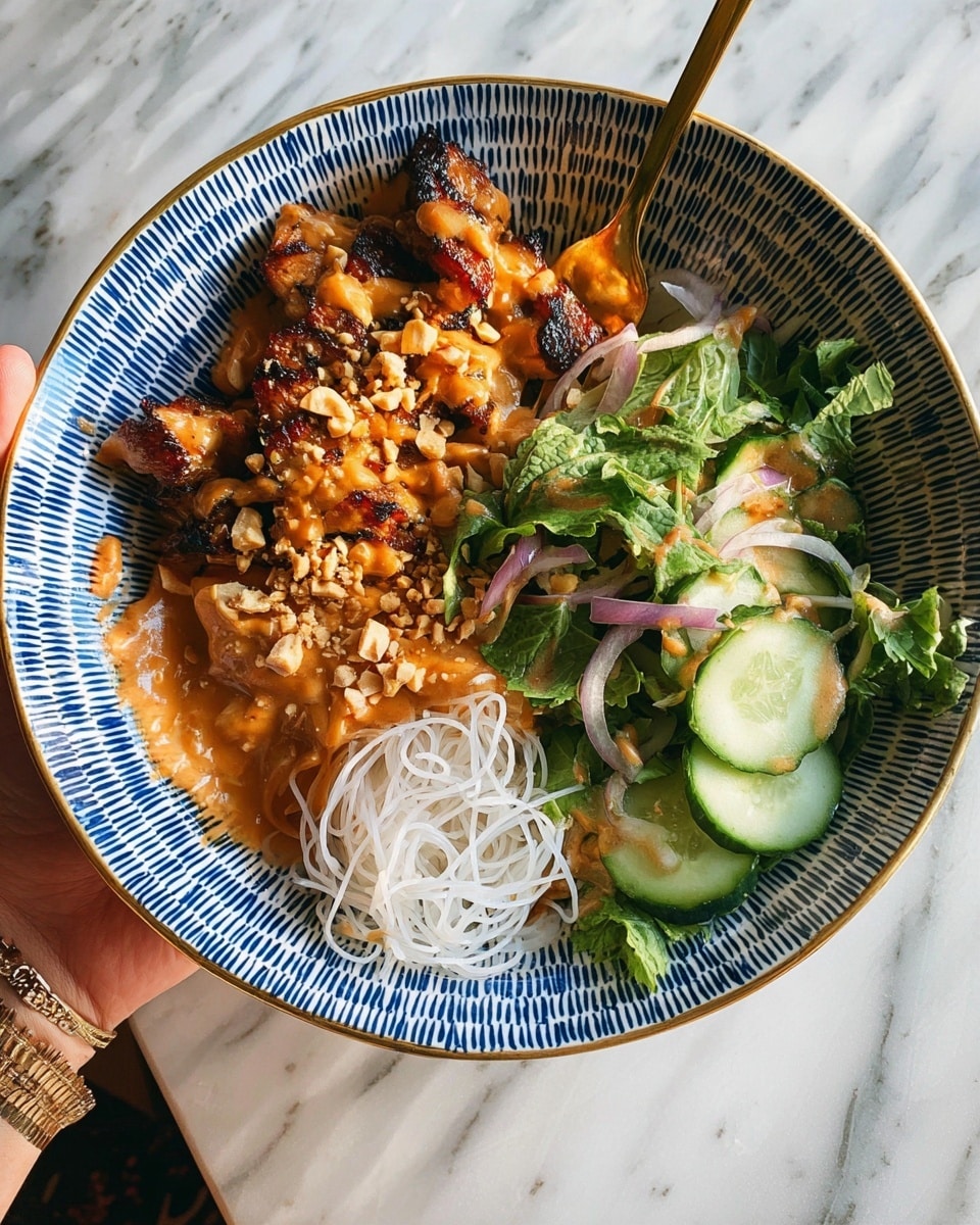 A white bowl with a blue geometric pattern holds a vibrant dish with three main parts. On the left side are golden-brown grilled pieces topped with a light orange sauce and sprinkled with crushed nuts. The bottom center has a small pile of thin white noodles drizzled with the same orange sauce. On the right, there is a fresh salad made of thinly sliced cucumbers, red onions, and leafy greens, all lightly coated with sauce and garnished with clear green herbs. A gold fork is placed on the right side of the bowl, partly on the salad. A woman's hand holds the bowl from the bottom against a white marbled surface. photo taken with an iphone --ar 4:5 --v 7
