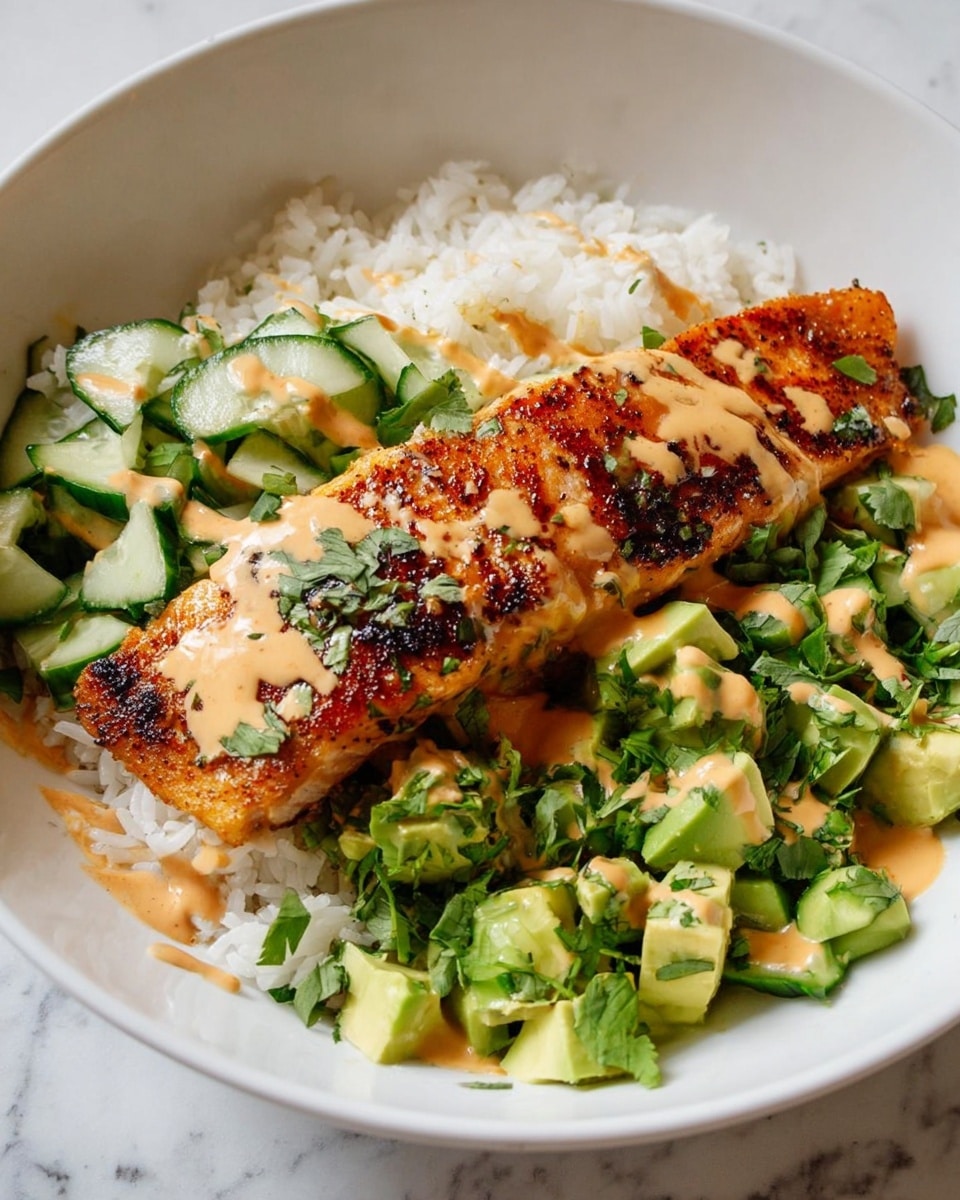 A white bowl holds three main layers: a bottom layer of white rice on one side, a layer of bright green chopped cucumber mixed with fresh herbs and diced avocado on the other side, and a large piece of golden-brown grilled salmon resting on top, drizzled with a creamy light orange sauce that slightly covers the salmon’s charred spots. The bowl sits on a white marbled surface. photo taken with an iphone --ar 4:5 --v 7