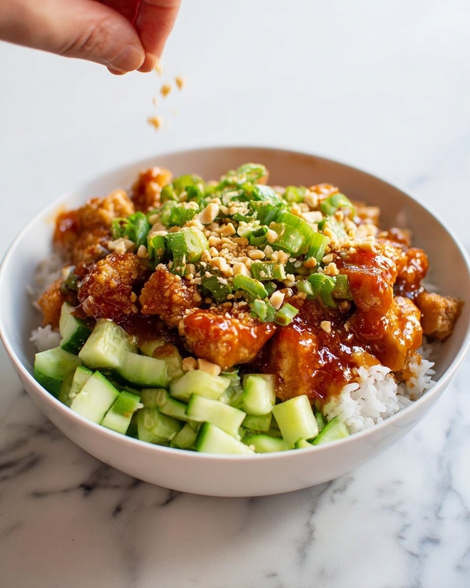 A white bowl holds a dish with three main layers: the bottom layer is white rice, the middle layer is diced light green cucumbers, and the top layer consists of golden brown fried chicken pieces covered with a shiny reddish-brown sauce. On top of everything, there are light green chopped scallions and small crushed peanuts being sprinkled by a woman's hand from above. The scene is set against a white marbled surface. photo taken with an iphone --ar 4:5 --v 7