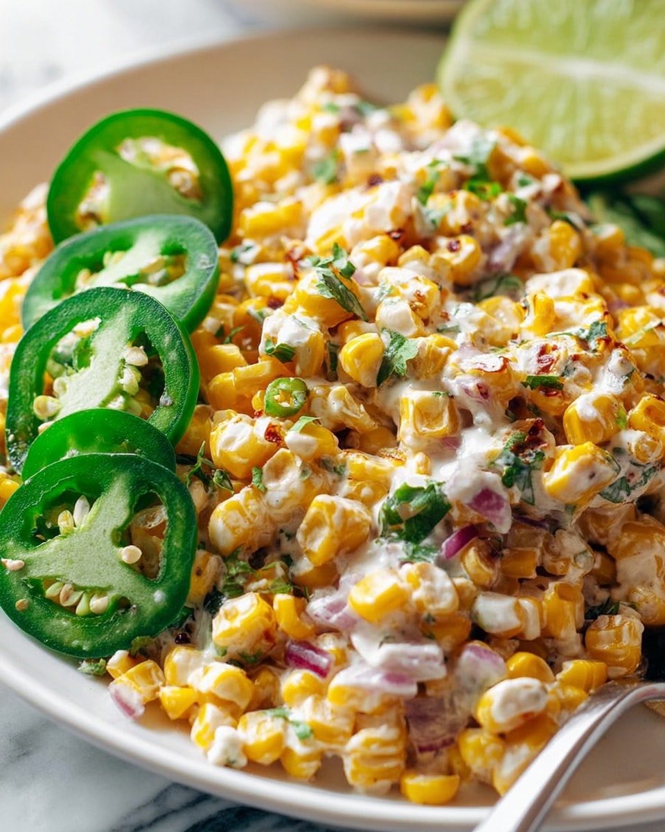 The image shows a close-up of a colorful dish made of grilled yellow corn kernels mixed with a creamy white sauce, small pieces of green herbs, and bits of red onion. On the left side, several thin slices of fresh green jalapeno peppers are placed on top of the corn mixture. In the background, there is a bright green lime wedge adding a fresh touch to the dish. All the food is served on a white plate set on a white marbled surface. Photo taken with an iphone --ar 4:5 --v 7