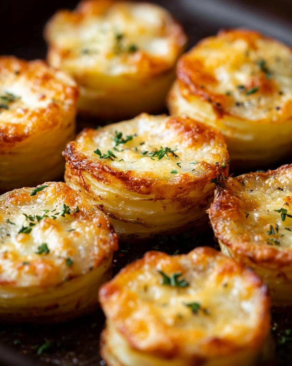 The image shows six small round baked mini casseroles in a black non-stick muffin pan. Each casserole has a golden and slightly browned cheese layer on top, melted and bubbly, with small green herb pieces sprinkled over for color. The cheese tops vary in texture with some areas smoother and others crispier and uneven, showing a rich, creamy surface that likely hides soft layers beneath. The muffin pan sits on a white marbled surface, with small melted cheese bits stuck to the edges of the pan cups. photo taken with an iphone --ar 4:5 --v 7