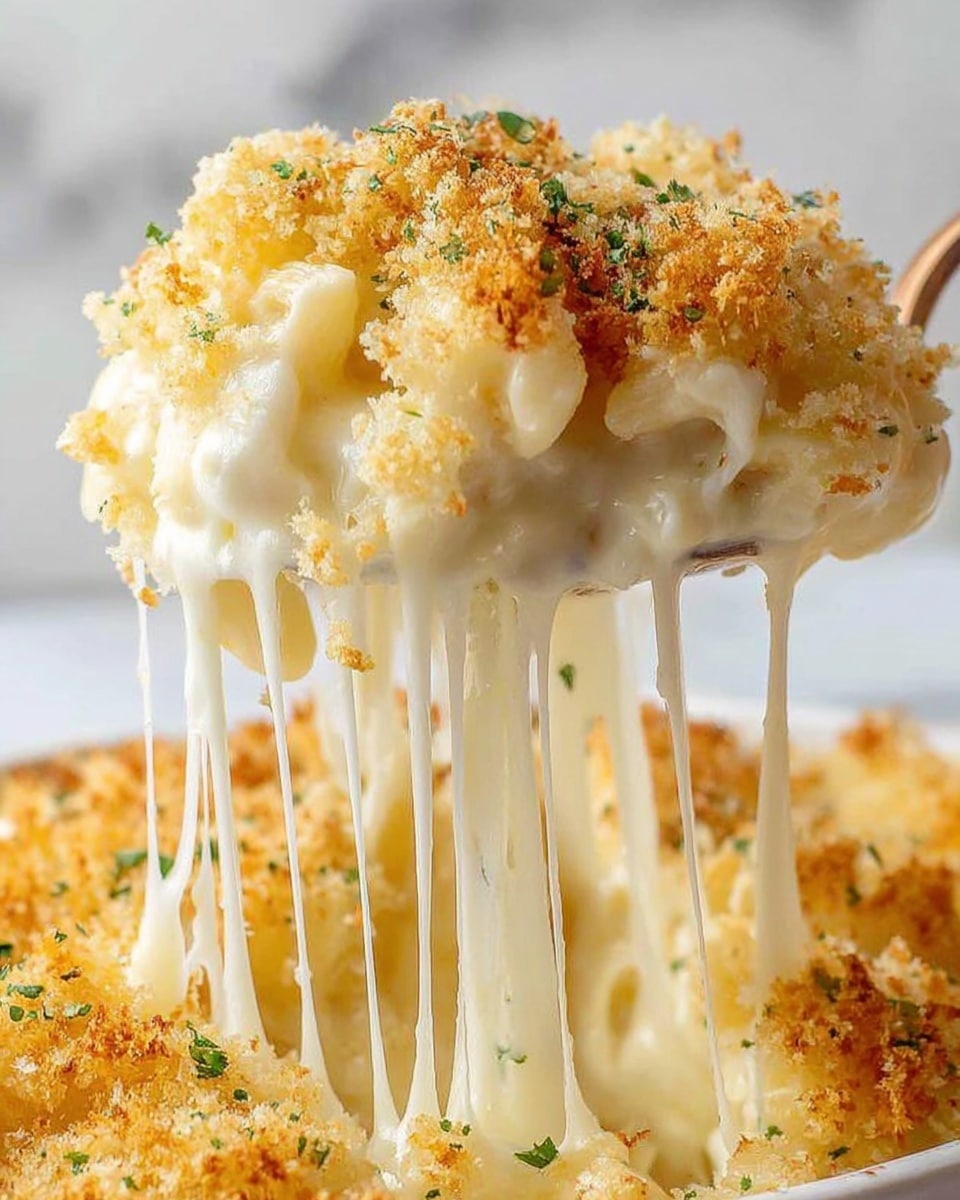 A close-up image of a creamy dish being lifted, showing two main layers. The bottom layer is smooth, thick, and pale yellow, resembling cooked pasta. The middle layer is a rich, gooey white cheese sauce stretching in long strings as it is lifted. The top layer is a golden-brown crispy crumb topping sprinkled with small green herbs, adding texture and color contrast. The dish is set against a white marbled background, highlighting the creamy and crunchy details of the food. photo taken with an iphone --ar 4:5 --v 7