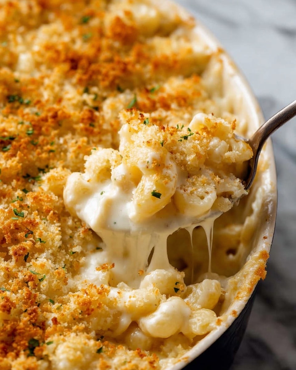 A close-up of creamy macaroni and cheese in a white dish, showing a thick, rich, white cheese sauce covering small elbow pasta in the bottom layer. The top layer is golden brown breadcrumbs with some green herbs sprinkled, adding texture and color contrast. A spoon scoops some of the cheesy pasta from the dish, pulling the gooey cheese with it. The background is a white marbled texture. photo taken with an iphone --ar 4:5 --v 7