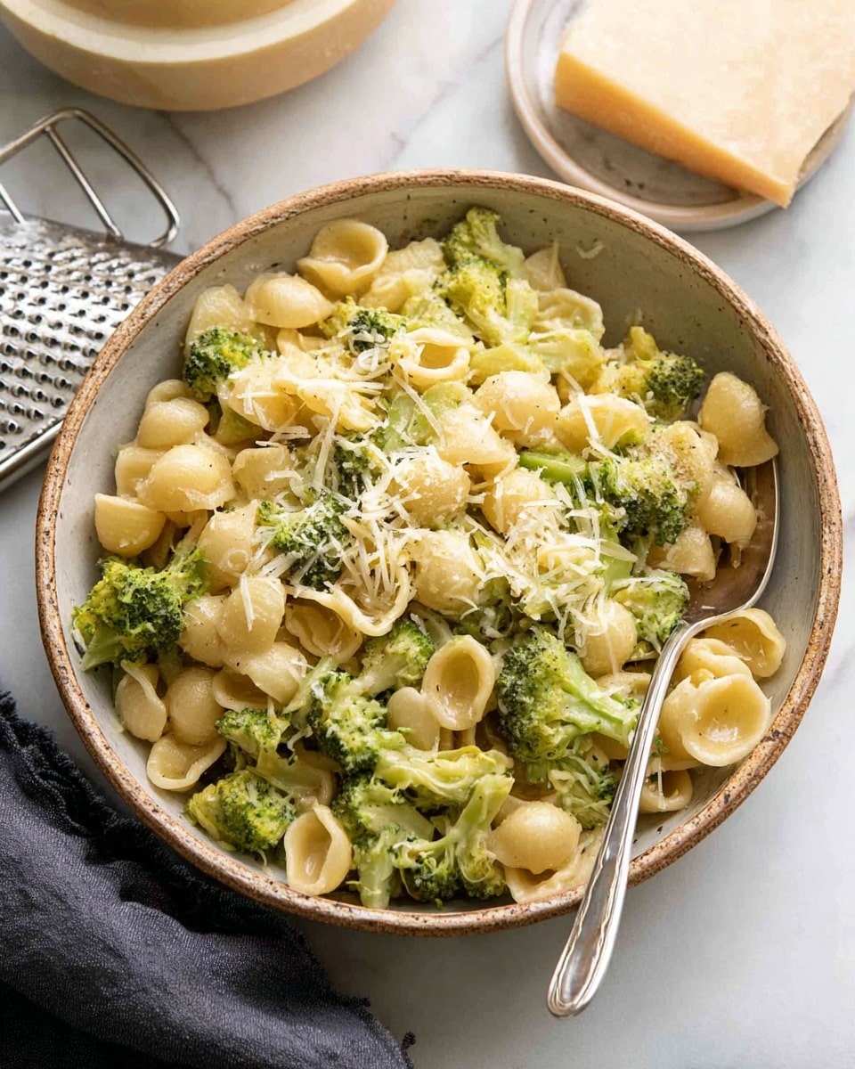 A rustic bowl filled with three layers: at the bottom, small pasta shells in a pale yellow color, mixed with steamed green broccoli pieces spread evenly throughout; in the middle, a light coat of creamy sauce lightly covering the pasta and broccoli, giving a slight shine; on top, a generous sprinkle of finely grated pale yellow cheese scattered over the pasta, adding texture and richness. The bowl sits on a white marbled surface, next to a block of hard cheese and a metal grater, with a silver fork resting inside the bowl. Photo taken with an iphone --ar 4:5 --v 7