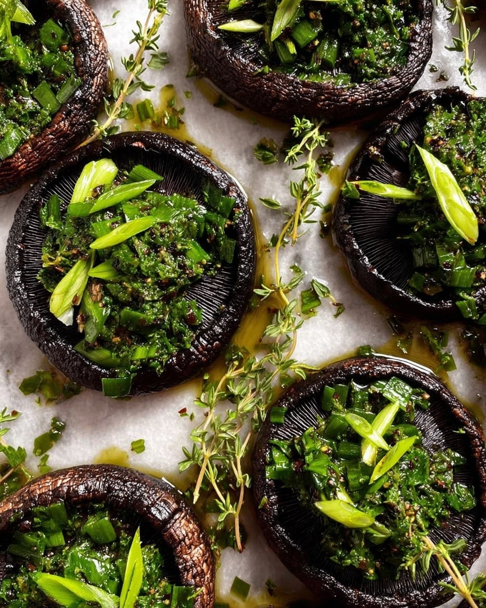 The image shows two grilled portobello mushrooms on a white plate with a white marbled surface underneath. Each mushroom cap is dark brown with a slightly charred texture, topped with a thick layer of finely chopped green herbs and vegetables, including bright green scallions. Small sprigs of fresh thyme with light green leaves rest on top of the mushrooms, adding detail and color contrast. The mushrooms sit in a light golden sauce or oil pooling slightly around them. A vintage silver fork lies on the plate’s edge in the foreground, with a woman's hand about to reach for it. photo taken with an iphone --ar 4:5 --v 7