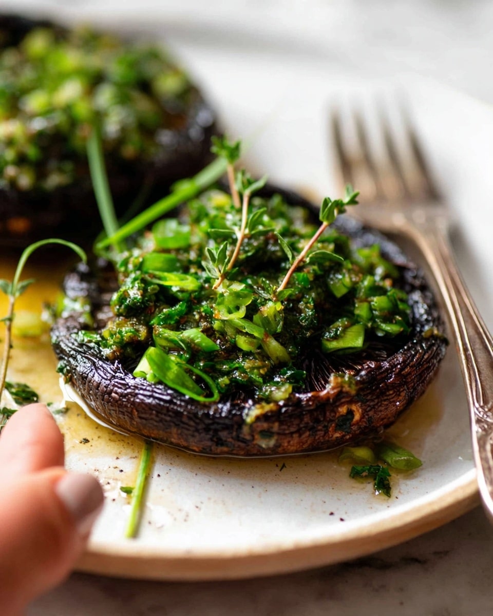 The image shows several large, round, dark brown portobello mushroom caps laid flat on a white marbled surface. Each mushroom cap is topped with a thick layer of chopped green herbs and sliced green onions, creating a bright, fresh contrast against the dark mushroom. Small sprigs of thyme are scattered both on top of the mushrooms and around them. The mushrooms have a glossy texture, suggesting they have been cooked or marinated, and some small pools of herb-infused liquid are visible around the mushrooms. photo taken with an iphone --ar 4:5 --v 7