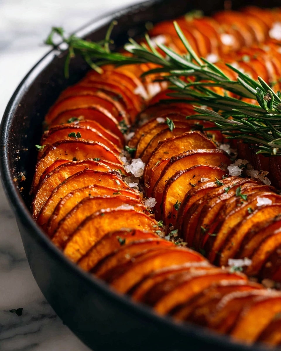A round black cast iron pan holds a neatly arranged spiral of thinly sliced roasted sweet potatoes. The slices are stacked closely, forming three visible rings, with each slice showing a rich orange color with browned edges and a slightly crispy texture. The sweet potatoes are sprinkled with coarse salt and small green herb bits. Three fresh rosemary sprigs rest on top in the center, adding a touch of green contrast. The pan sits on a surface with a white marbled texture, alongside a soft gray cloth partially visible in the background. Photo taken with an iphone --ar 4:5 --v 7