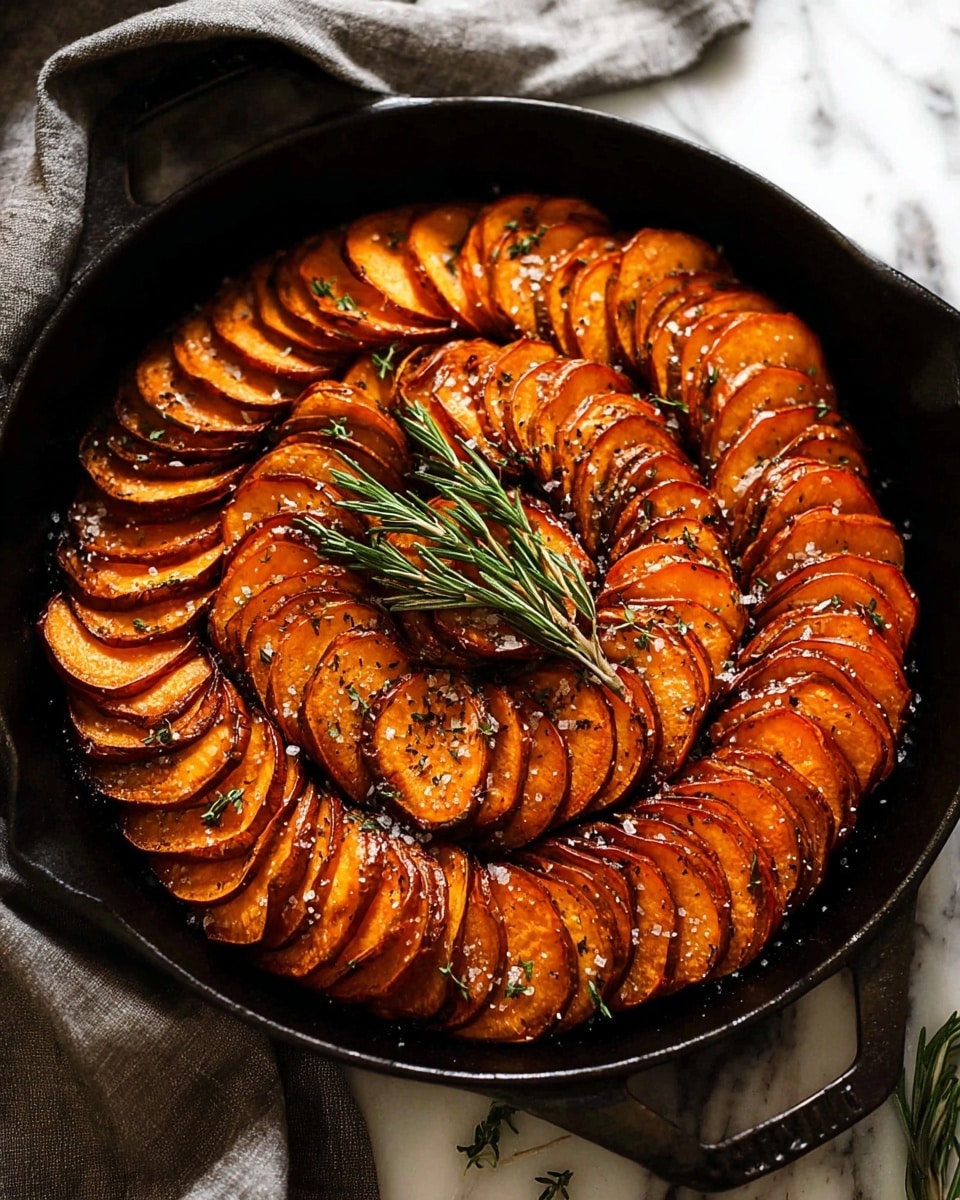 The image shows a close-up of a baked dish in a black pan filled with many thin slices of sweet potato arranged in a tight row, slightly curved with visible brown edges and soft orange inside. The slices are stacked in one layer, each slice overlapping the next, with a shiny, roasted texture. On top, there are scattered grains of coarse salt and herbs, giving a sprinkle of white and green spots. A small bunch of fresh rosemary with green needles is placed diagonally over the potato slices. The background is a white marbled texture. photo taken with an iphone --ar 4:5 --v 7