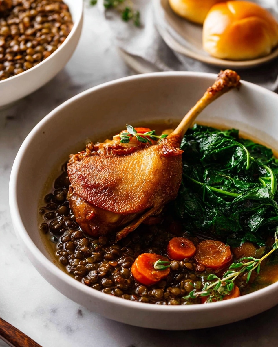 In a white bowl on a white marbled surface, there are three main layers: the bottom layer is a dark lentil stew with small orange carrot pieces, slightly glossy and spread evenly; on top of this stew, on the right side, is a golden-brown, crispy duck leg with the bone protruding to the left; to the left of the duck leg, a pile of bright green cooked leafy vegetables rests, with a sprig of fresh green herbs placed on top. In the background, there is a soft-focus white bowl with more lentils and two small golden rolls. photo taken with an iphone --ar 4:5 --v 7
