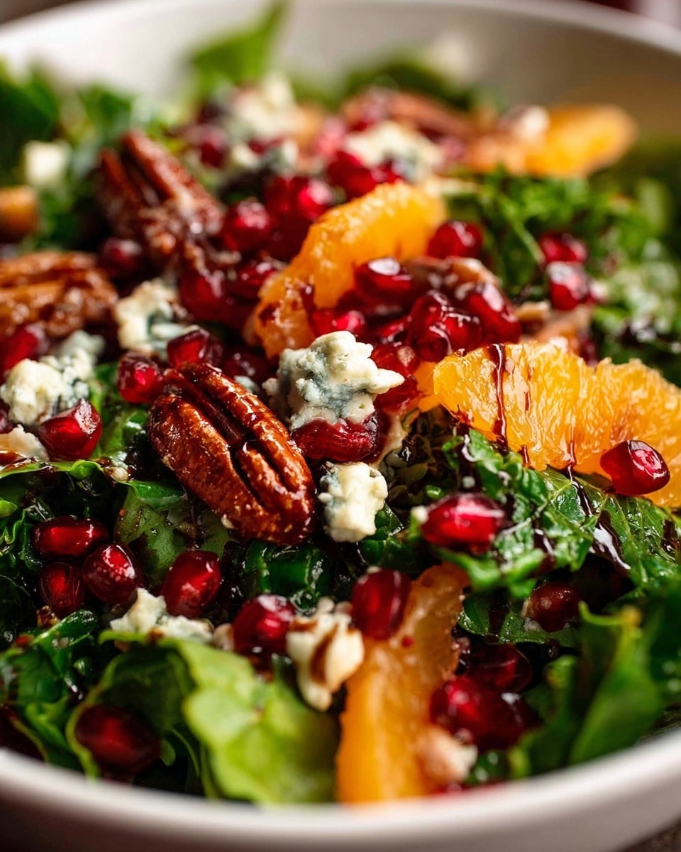 A close-up of a vibrant salad in a white bowl with several layers visible: the base layer is bright green leafy spinach mixed with kale leaves, textured and fresh; scattered on top are juicy red pomegranate seeds that add shiny small bursts of color; rich orange segments are spread evenly around, providing a soft and glossy contrast; crunchy dark brown candied pecans sit throughout, adding a textured depth; small dollops of white and light blue veined blue cheese are scattered on top, with creamy, crumbly texture; everything glistens slightly from a dark balsamic glaze drizzled over some of the spinach leaves. Photo taken with an iphone --ar 4:5 --v 7