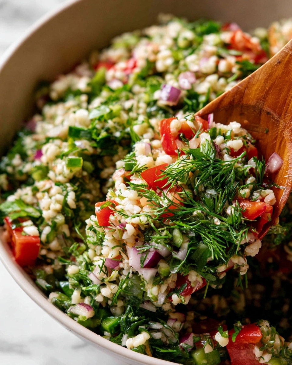 The image shows a close-up of a bowl filled with a mixed salad. The salad has three main layers: a base of cooked white grains like rice or bulgur with a soft texture, mixed with bright green chopped leafy herbs and vegetables. Small red tomato pieces and chopped red onions with a light purple color are mixed throughout, adding pops of color. The salad looks fresh and moist, with some dill sprigs visible on the top layer. A wooden spoon is scooping the salad from the side of the bowl. The bowl is white and the background has a white marbled texture. photo taken with an iphone --ar 4:5 --v 7