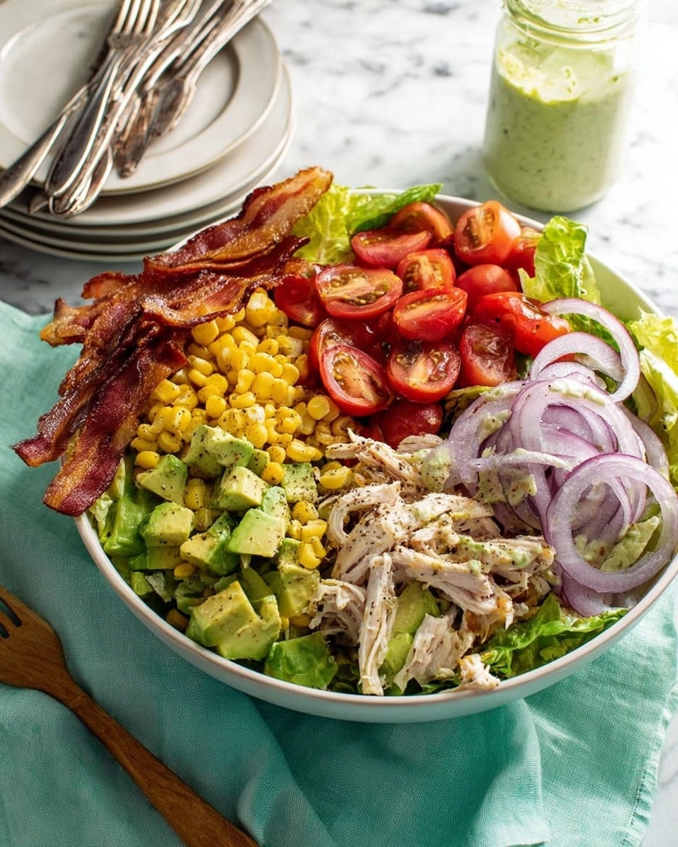 A large white bowl holds a colorful layered salad on a white marbled surface. At the bottom is a bed of green leafy lettuce. On top, chunks of pale green avocado are placed near bright red halved cherry tomatoes mixed with yellow corn kernels. Adjacent to these are shredded white chicken pieces seasoned with black pepper, thin slices of purple onion, and more corn scattered around. To one side, crispy brown bacon strips rest on the edge of the bowl. A wooden fork lies beside the bowl on a light green cloth napkin. In the background, there are stacked white plates with three silver forks and a small jar with green dressing. photo taken with an iphone --ar 4:5 --v 7