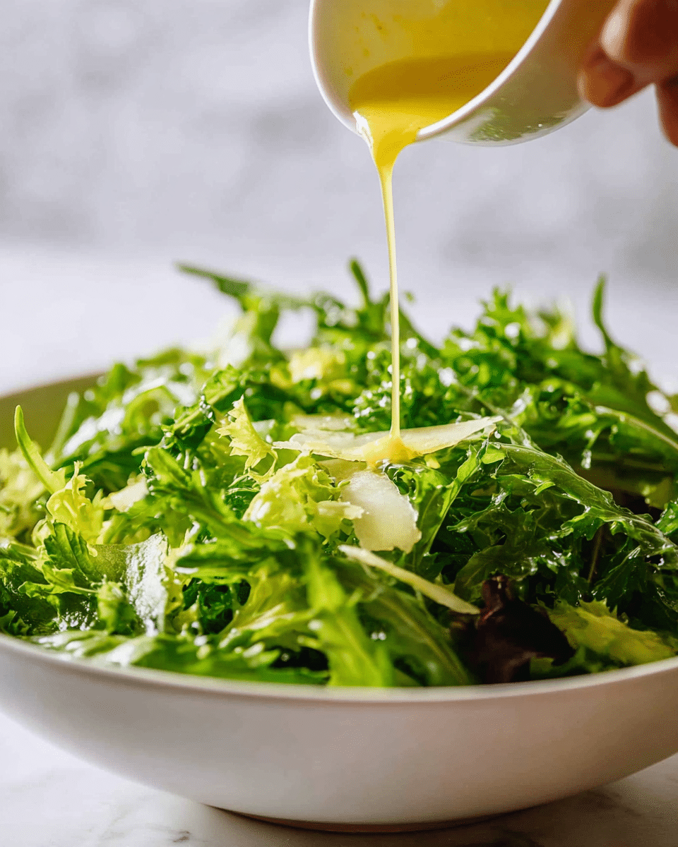 A close-up image of a fresh green salad in a white bowl, filled with curly light and dark green leafy vegetables, showing details of the leaves' textures with jagged edges. A woman's hand is pouring a light yellow, smooth dressing over the salad from above, creating a thin stream that lands on the leaves. The background is softly blurred with a white marbled texture. photo taken with an iphone --ar 4:5 --v 7