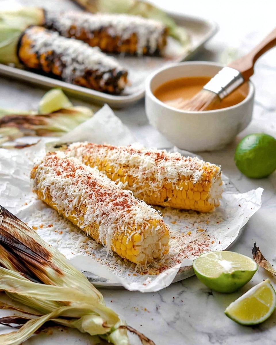 The image shows a grilled corn on white parchment paper as the main focus, covered with a layer of white grated cheese and a sprinkle of red seasoning on top. Behind it, another ear of corn covered with white cheese sits inside a white bowl, with a third grilled corn covered in dark spices on a white parchment-lined tray in the background. To the right, a brush dipped in an orange sauce rests on a white bowl filled with more sauce. Bright green lime wedges and charred corn husks are scattered on the white marbled surface around the corn, adding fresh color and texture. photo taken with an iphone --ar 4:5 --v 7