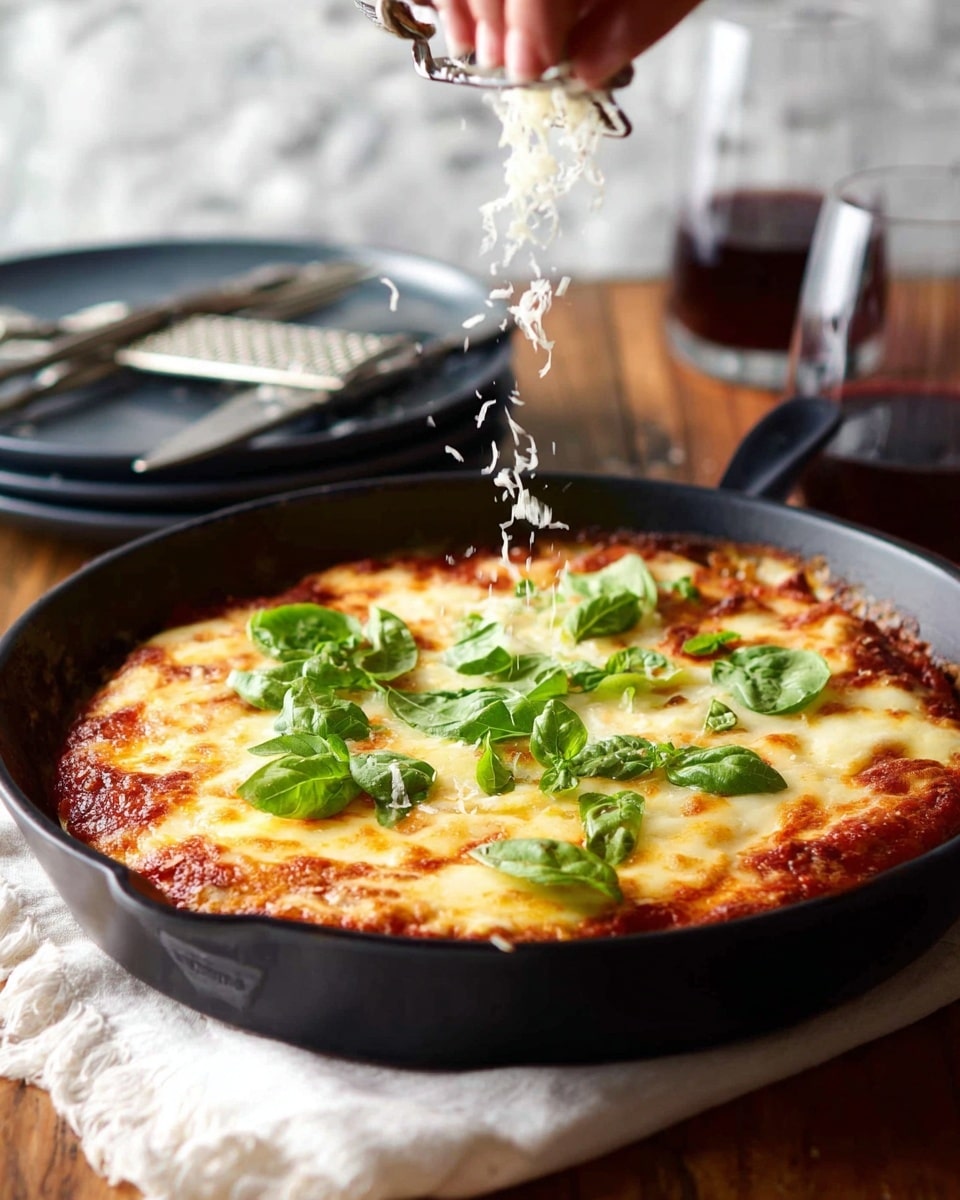 A close-up image shows a round pizza in a black pan resting on a white cloth over a wooden surface. The pizza has a base layer of red tomato sauce, topped with a thick layer of melted golden cheese that is bubbly and slightly browned in spots. On top, there are fresh green basil leaves spread in the center. A woman's hand is grating white Parmesan cheese, which falls softly over the basil and cheese. In the background, slightly out of focus, there is a glass of red wine and a stack of dark plates with silver forks wrapped in a white napkin. The background has a white marbled texture. Photo taken with an iphone --ar 4:5 --v 7