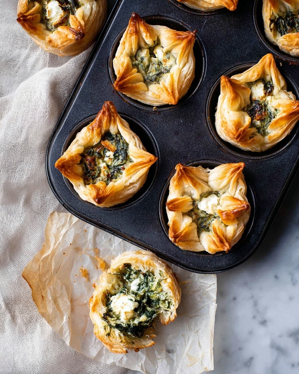 The image shows six baked puff pastry cups filled with a green spinach and white cheese mixture. Five of the cups are inside a black muffin tray, and one cup is outside on white parchment paper next to the tray, with one more cup partially visible beside it. Each pastry cup has four folded triangular flaps, golden brown and flaky with darker golden edges, revealing the green and white filling in the middle. One pastry cup outside the tray is cut open, showing a fluffy layered inside texture with green spinach and white cheese. The background is a white marbled surface with a piece of white cheesecloth near the bottom left. photo taken with an iphone --ar 4:5 --v 7