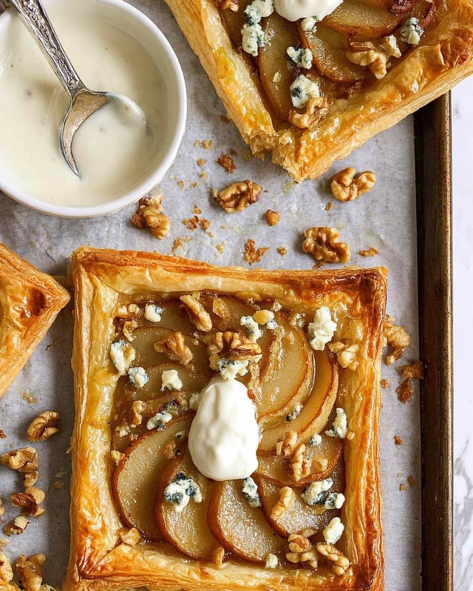 The image shows a golden-brown square puff pastry tart with three layers visible: the base is flaky and crispy with a light golden color, topped with several thin slices of caramelized pear arranged neatly in a circular pattern, and sprinkled with crumbled blue cheese and chopped walnuts. On top of the tart, there is a dollop of white creamy sauce placed slightly off-center. The tart is on a baking tray lined with parchment paper, scattered with bits of walnuts and blue cheese. Above the tray, part of a white bowl with a silver spoon inside can be seen, filled with more of the creamy sauce. The background is a white marbled texture. photo taken with an iphone --ar 4:5 --v 7