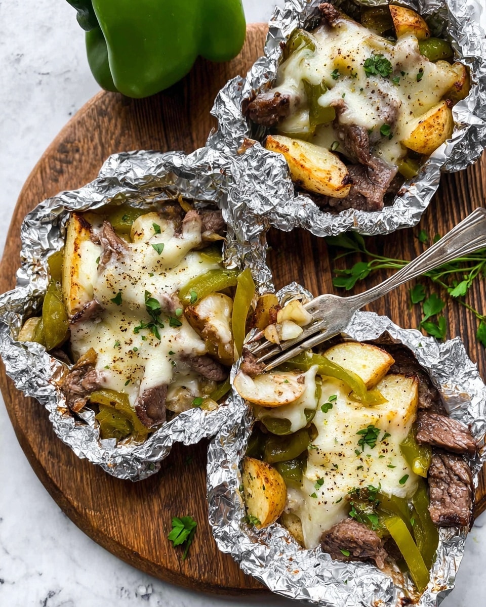 Three foil packets filled with a layered dish sit on a wooden board over a white marbled surface. Each packet holds tender pieces of brown cooked beef and light golden potato chunks, mixed with slices of green bell pepper and bits of translucent cooked onion. Melted white cheese is draped over the top, slightly browned and bubbling, with a sprinkling of chopped green herbs and cracked black pepper adding texture and color contrast. One foil packet has a fork resting inside, showing the soft, gooey cheese stretched over the ingredients. A sprig of fresh green herbs lies beside the board, and a whole green bell pepper is partially visible on the left edge. photo taken with an iphone --ar 4:5 --v 7