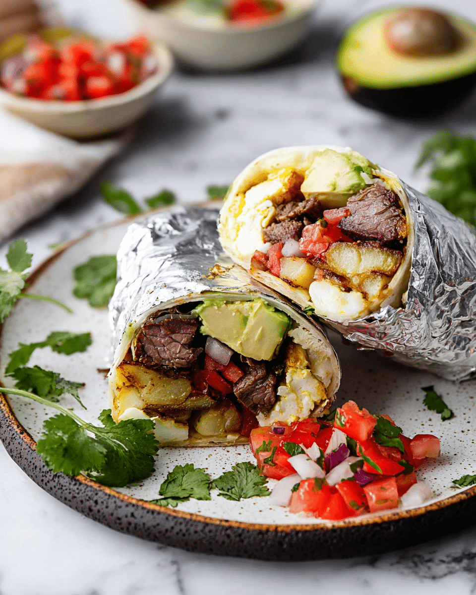 A close-up view of a cut breakfast burrito wrapped partly in crinkled silver foil, placed on a rustic white speckled plate with dark edges, sitting on a white marbled surface. The burrito has about five visible layers: a soft white tortilla shell on the outside, then a layer of green avocado slices, followed by chunks of red tomato, browned steak pieces, and a center filled with golden crispy breakfast potatoes. Fresh green cilantro leaves are scattered on the plate around the burrito. Next to the burrito, there is a small white bowl with a colorful mix of chopped red tomatoes and green peppers. In the blurred background, a halved avocado and small bowls of diced tomatoes and herbs can be seen. Photo taken with an iphone --ar 4:5 --v 7