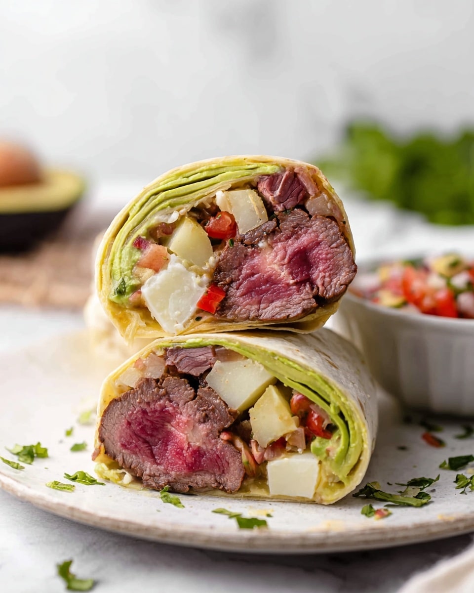 A close-up of a wrap cut in half and stacked, showing two layers inside. The outer layer is a soft, light beige tortilla. The first inner layer is light green thin avocado slices lining the wrap on both halves. Underneath and mixed inside are small chunks of pinkish-red steak with a seared brown edge. Next to the steak are creamy off-white potato cubes, and scattered bright red tomato pieces add color between the layers. The wrap sits on a white plate with some green herbs sprinkled around, placed on a white marbled surface. In the background, there is a small white bowl with a salsa-like side and some green leafy herbs blurred out. photo taken with an iphone --ar 4:5 --v 7