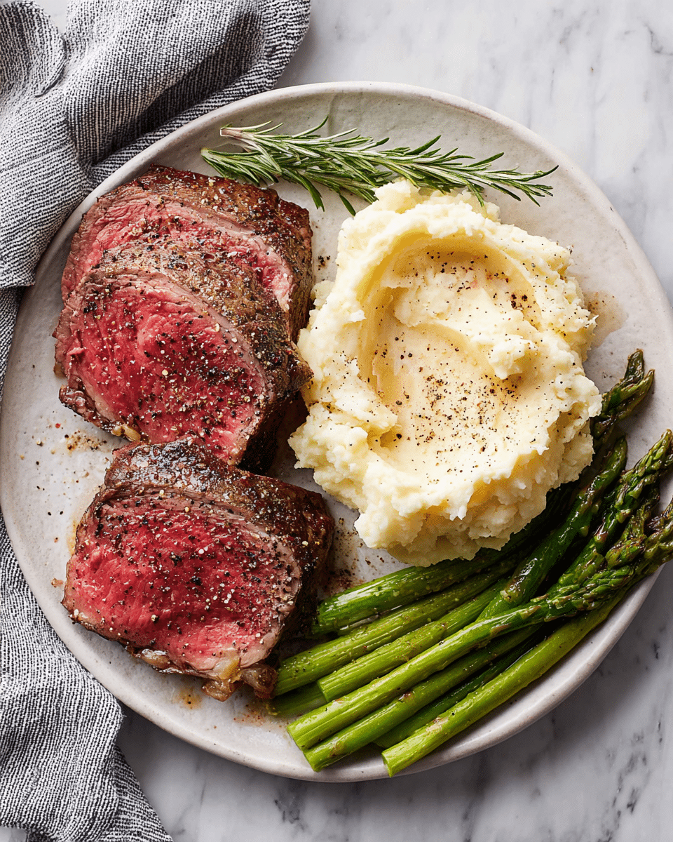A white plate on a white marbled texture holds two thick slices of medium rare steak with a brown crust and pink center, sprinkled with black pepper. To the right, there is a smooth mound of creamy mashed potatoes with a light sprinkle of pepper. Next to the potatoes, a neat row of bright green asparagus spears is placed, showing some light seasoning and a slight shine. A sprig of fresh rosemary rests above the mashed potatoes, adding a touch of green contrast. A gray and white striped cloth is partially visible under the plate near the top left. Photo taken with an iphone --ar 4:5 --v 7