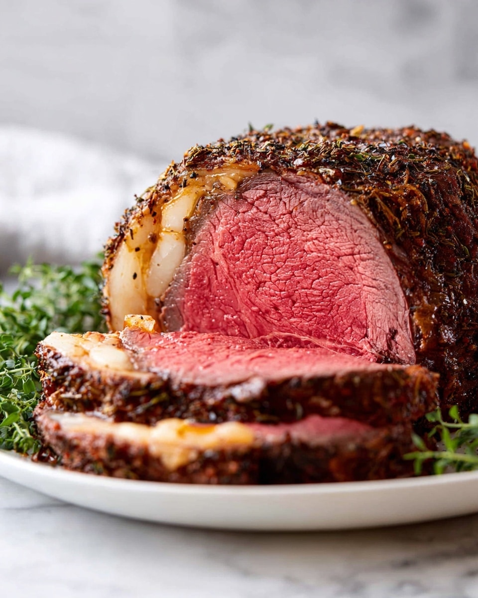 The image shows a thick, juicy roast beef cut with a rough, dark brown outer layer coated in coarse herbs and spices. Inside, the beef is tender and pink with a clear gradient from bright red in the center to a light brown near the edge. There is a thin layer of golden, slightly melted fat sitting just under the crust, adding shine and texture. The cut slices are placed on a white plate with some fresh green herbs on the side, all set against a white marbled surface. Photo taken with an iphone --ar 4:5 --v 7