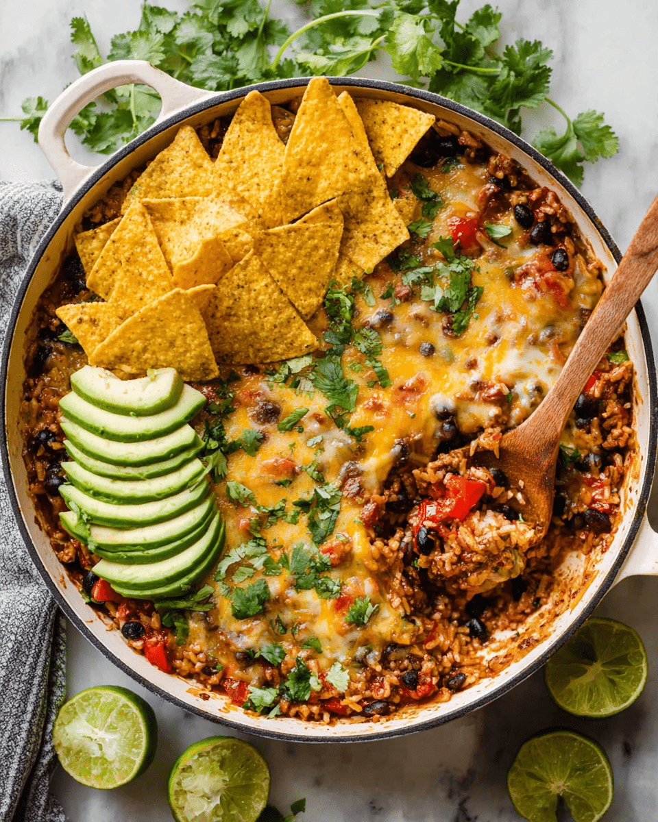 A white pan filled with a layered dish showing a mix of cooked black beans, red and green bell peppers, rice, and ground meat as the base layer, topped with melted cheese that has a golden brown texture. On one side, several triangular yellow tortilla chips are arranged standing up, and on the other side, slices of green avocado fan out neatly. There are fresh green cilantro leaves scattered on top and two lime wedges placed near the chips. A wooden spoon is scooping out a portion, showing the melty, colorful filling underneath. The pan sits on a white marbled surface with some fresh cilantro leaves around it. Photo taken with an iphone --ar 4:5 --v 7