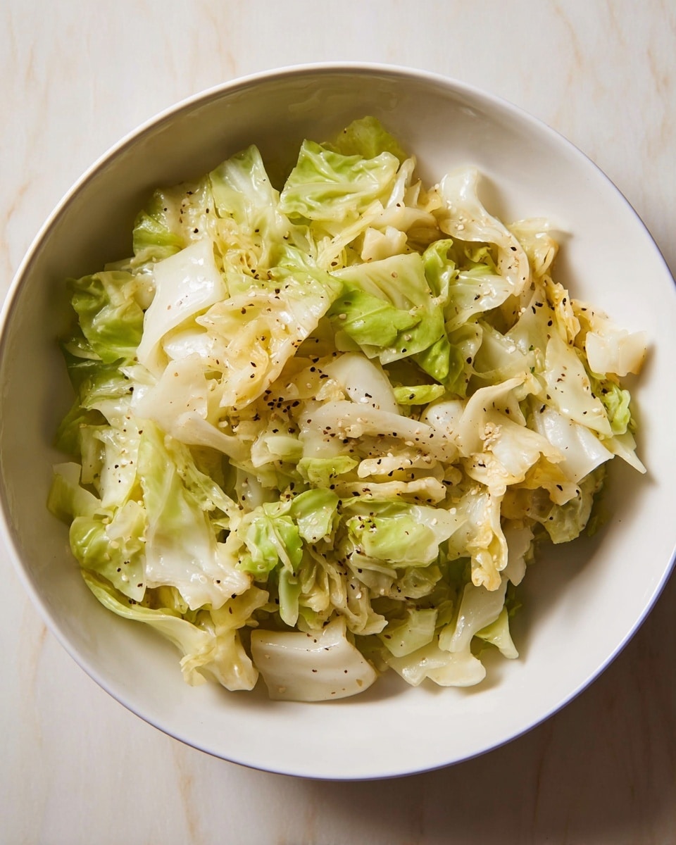 A bowl of cooked cabbage pieces, showing about two layers of uneven, roughly chopped cabbage leaves in pale green and off-white colors, mixed with visible bits of black pepper and light sesame seeds, all coated lightly with oil giving a glossy look. The cabbage leaves have a soft texture with some curled edges. The white bowl is placed on a white marbled surface. photo taken with an iphone --ar 4:5 --v 7