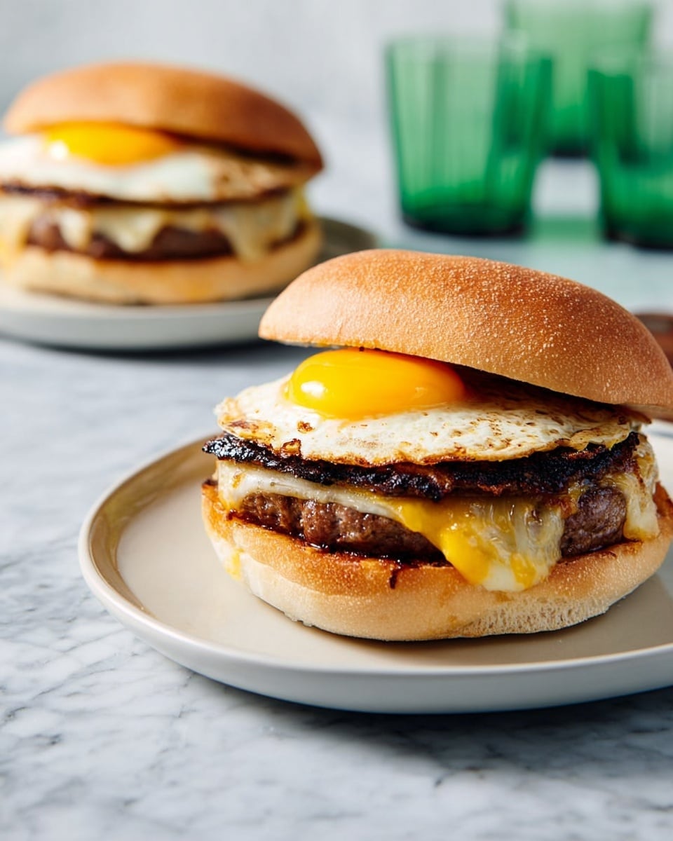 The image shows a sandwich placed on a white plate set on a white marbled surface. The sandwich has three main layers inside a toasted bun: the bottom bun is light brown and slightly crispy; above it is a thick piece of grilled meat with a charred texture; on top of the meat is a layer of melted cheese that looks creamy and smooth; the top layer is a sunny-side-up egg with a bright yellow yolk and slightly crispy edges. The sandwich is open enough to show all layers clearly, with the top bun tilted. In the background, there is another similar sandwich on a white plate and two green glasses, slightly out of focus. Photo taken with an iphone --ar 4:5 --v 7