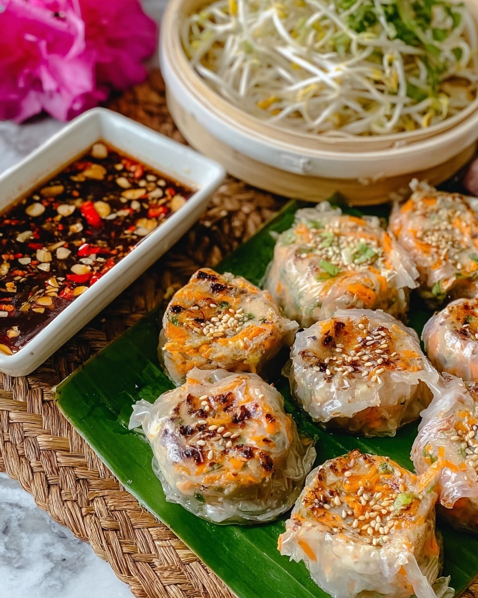 The image shows a close-up of nine small, round and slightly square grilled dumplings with translucent wrappers, some with light char marks, placed on a green banana leaf atop a woven mat. The dumplings have visible orange carrot shreds and small bits of green onion inside, with sesame seeds sprinkled on top. Behind them is a white round basket with bean sprouts and green vegetables, and to the left is a white rectangular dish filled with a dark brown dipping sauce with red chili pieces and chopped nuts. A pink flower is partially visible in the top left corner. The surface beneath everything is white marble texture. photo taken with an iphone --ar 4:5 --v 7