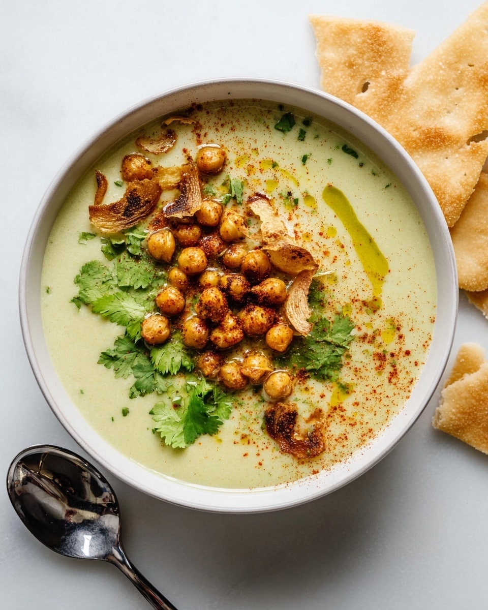 A white bowl filled with creamy pale green soup is placed on a white marbled surface. On top, there is a layer of golden brown roasted chickpeas and thin, crispy garlic slices, scattered mainly on one side. The soup is garnished with bright green fresh cilantro leaves. There is a light drizzle of olive oil and a sprinkle of reddish paprika powder adding a touch of warm color on the surface. To the right of the bowl, pieces of light golden flatbread are casually placed. A shiny silver spoon lies on the left side of the bowl. photo taken with an iphone --ar 4:5 --v 7
