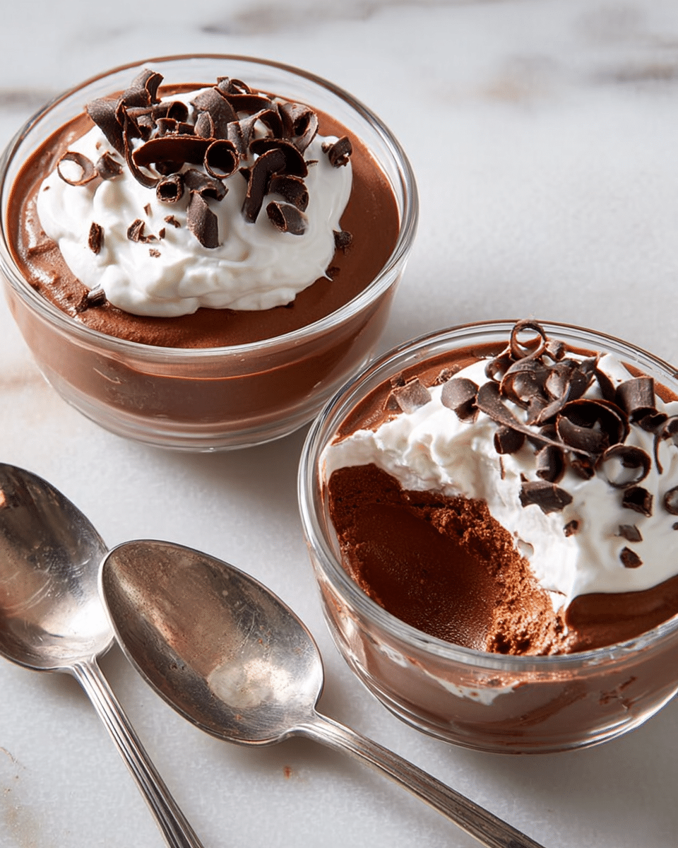 Two clear glass bowls filled with smooth chocolate mousse topped with a layer of white whipped cream, each adorned with several dark chocolate curls. One bowl shows a scoop taken out, revealing a thick, rich chocolate mousse layer beneath the whipped cream. Two silver spoons lie next to the bowls on a white marbled surface, one with traces of mousse and whipped cream. The lighting highlights the creamy texture and glossy shine of the mousse and whipped cream. photo taken with an iphone --ar 4:5 --v 7
