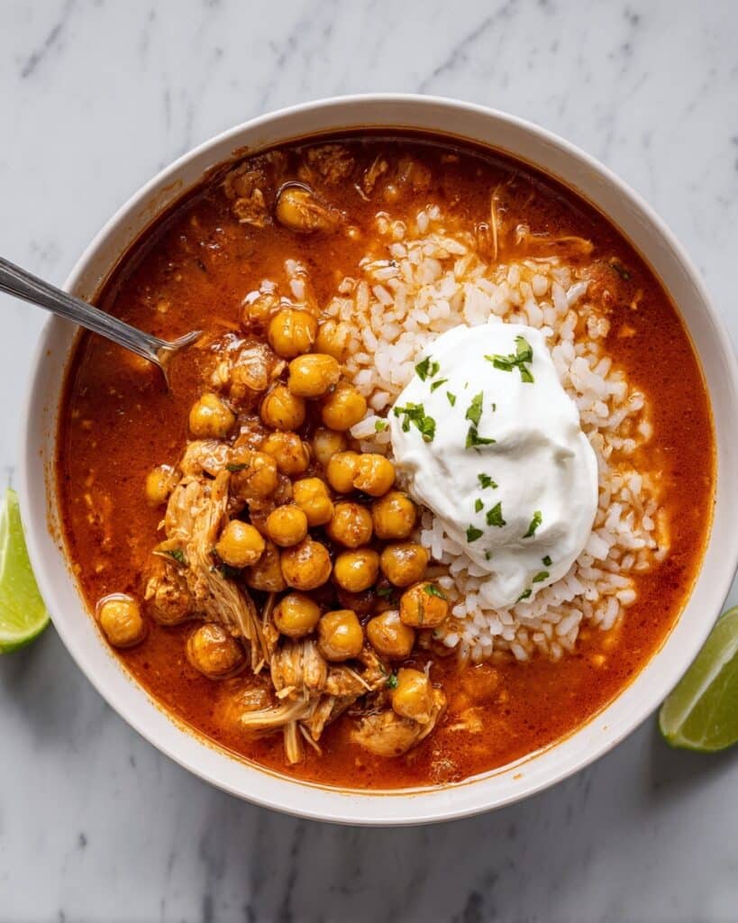 Chickpea and Tomato Rice Soup with Crispy Garbanzo Topping Recipe