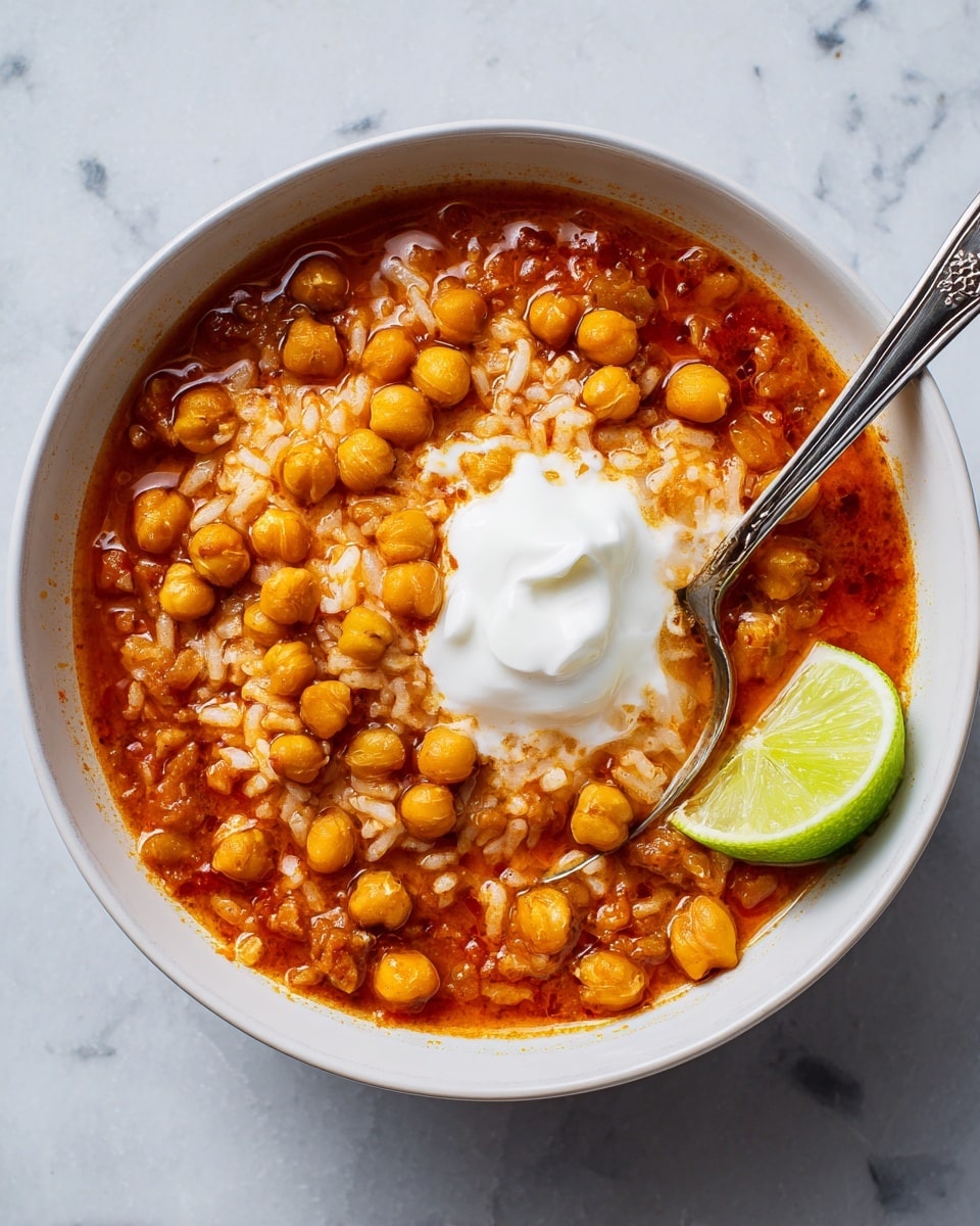 A white bowl filled with a reddish-orange stew made of soft rice mixed into a thick broth, topped with a layer of golden crispy chickpeas scattered over it. In the center, there is a dollop of smooth white sour cream, adding contrast to the warm colors. A silver spoon rests inside the bowl, partially submerged in the stew, showing the texture of the rice and broth. On the right side, a lime wedge sits on a white marbled surface. Photo taken with an iphone --ar 4:5 --v 7