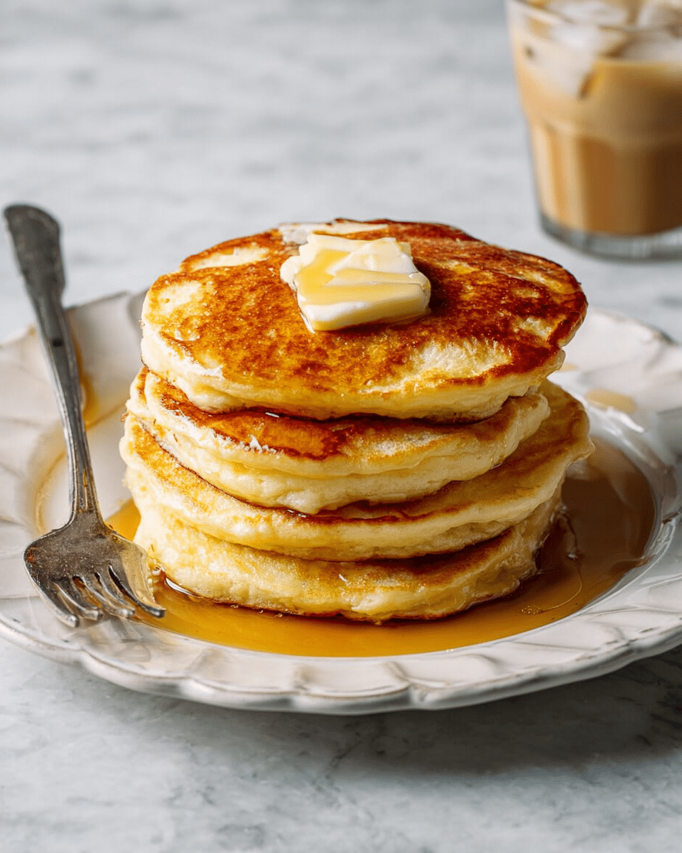 A stack of four thick, golden-brown pancakes sits in the middle of a white scalloped plate, with syrup slowly dripping down the sides onto the plate. Each pancake layer is fluffy with a slightly crisp edge, and a small dollop of melting pale yellow butter rests on top, glistening under soft light. To the left of the stack, a shiny silver fork lies flat on the plate, pointing outward. The white marbled surface underneath adds a clean, simple background, while a glass of iced coffee with visible cream layers is slightly blurred in the background. photo taken with an iphone --ar 4:5 --v 7