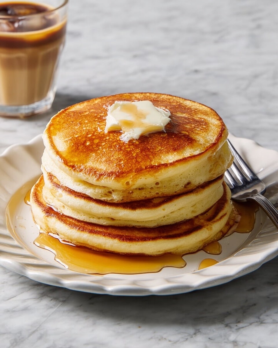 A stack of four thick, golden brown pancakes sits centered on a white scalloped plate, each pancake evenly cooked with a light, slightly crispy edge and soft texture. The top pancake is topped with a dollop of melting butter, which is slowly spreading over the surface. Amber-colored syrup drips down the sides of the stack, pooling on the plate below. A silver fork rests on the left side of the plate. In the background, there is a glass cup filled with a layered iced coffee drink, all set on a white marbled surface. photo taken with an iphone --ar 4:5 --v 7