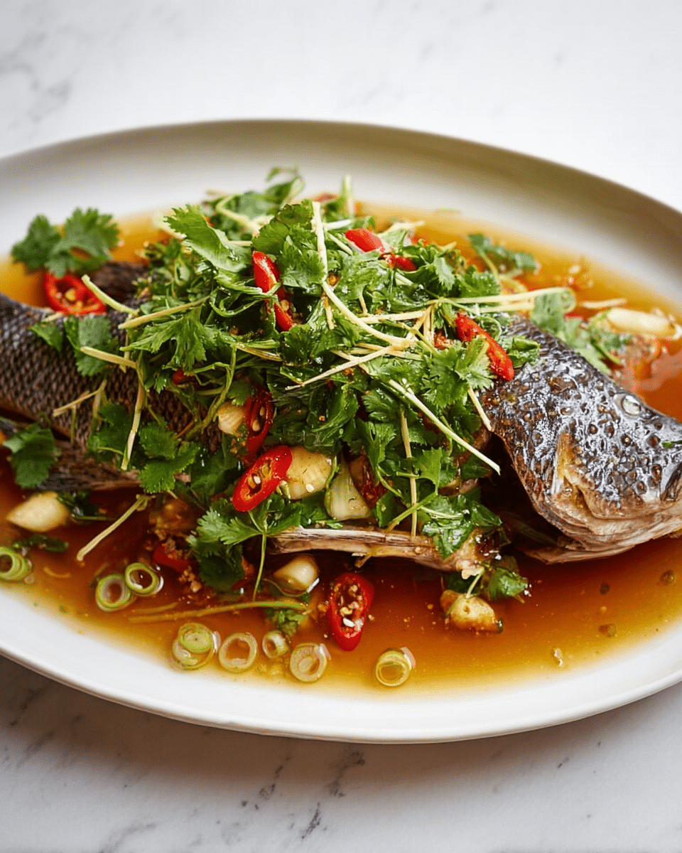 The image shows a whole cooked fish lying on a white oval plate placed on a white marbled surface. The fish has a dark, textured skin with scales visible, its head and tail both intact. The fish is covered with a thick layer of fresh green cilantro and thin pale yellow strips of ginger. There are scattered thin slices of red chili and white pieces of minced garlic spread across the fish and the surrounding light brown sauce that pools on the plate. The sauce has a glossy appearance and some small green onion rings floating in it. photo taken with an iphone --ar 4:5 --v 7