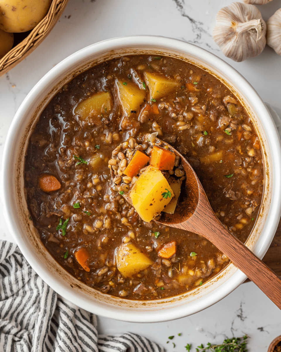 A top-down view of a thick stew inside a white bowl, filled with a dark brown broth rich in ingredients. The stew has large pieces of yellow potato, bright orange carrot slices, some bits of green herbs scattered throughout, soft chunks of meat, and grains of barley mixed in. A wooden spoon rests inside the bowl, lifting some stew with visible layers of potato and carrot on top. The bowl sits on a white marbled surface, with some kitchen items like garlic, a basket of potatoes, and a striped cloth partially visible around it. photo taken with an iphone --ar 4:5 --v 7
