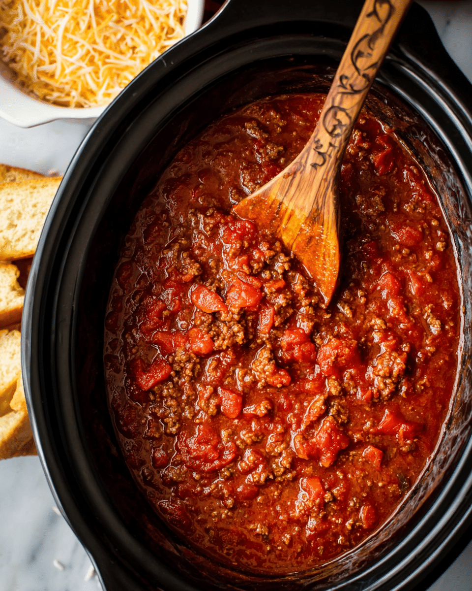 A close-up view of a black slow cooker filled with chunky red meat sauce, showing visible pieces of browned ground meat and tomato chunks mixed into a thick, rich tomato base with a slightly shiny texture. A wooden spoon with a carved pattern rests inside the cooker, partially dipped in the sauce and coated with it. To the top left, there is a small white bowl filled with shredded pale yellow cheese, and to the top right, pieces of golden brown garlic bread are slightly out of focus. The whole scene is set on a white marbled surface, emphasizing the warmth and heartiness of the sauce. photo taken with an iphone --ar 4:5 --v 7