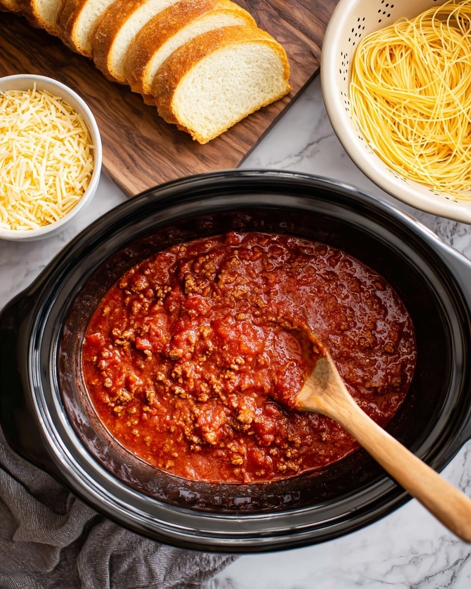 The image shows a black slow cooker filled with thick red meat sauce that has visible chunks of tomato and ground meat mixed in; a wooden spoon rests inside the cooker. To the left, there is a white bowl filled with shredded cheese with a spoon inside it. Above this bowl, slices of toasted bread with a golden brown crust are arranged on a wooden board. On the right side, a white colander holds plain cooked spaghetti with a yellowish color. The whole setup is placed on a white marbled texture surface, with a gray cloth napkin near the slow cooker. Photo taken with an iphone --ar 4:5 --v 7