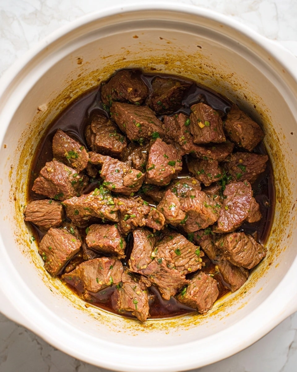 The image shows a white pot filled with cooked beef chunks. The beef pieces are medium-sized and have a browned texture with some green herb bits sprinkled on top. There is a dark brown sauce coating the meat with some light reflections, and some oil pooling at the bottom. The inside sides of the pot have light brown stains from cooking. The background is a white marbled texture. photo taken with an iphone --ar 4:5 --v 7
