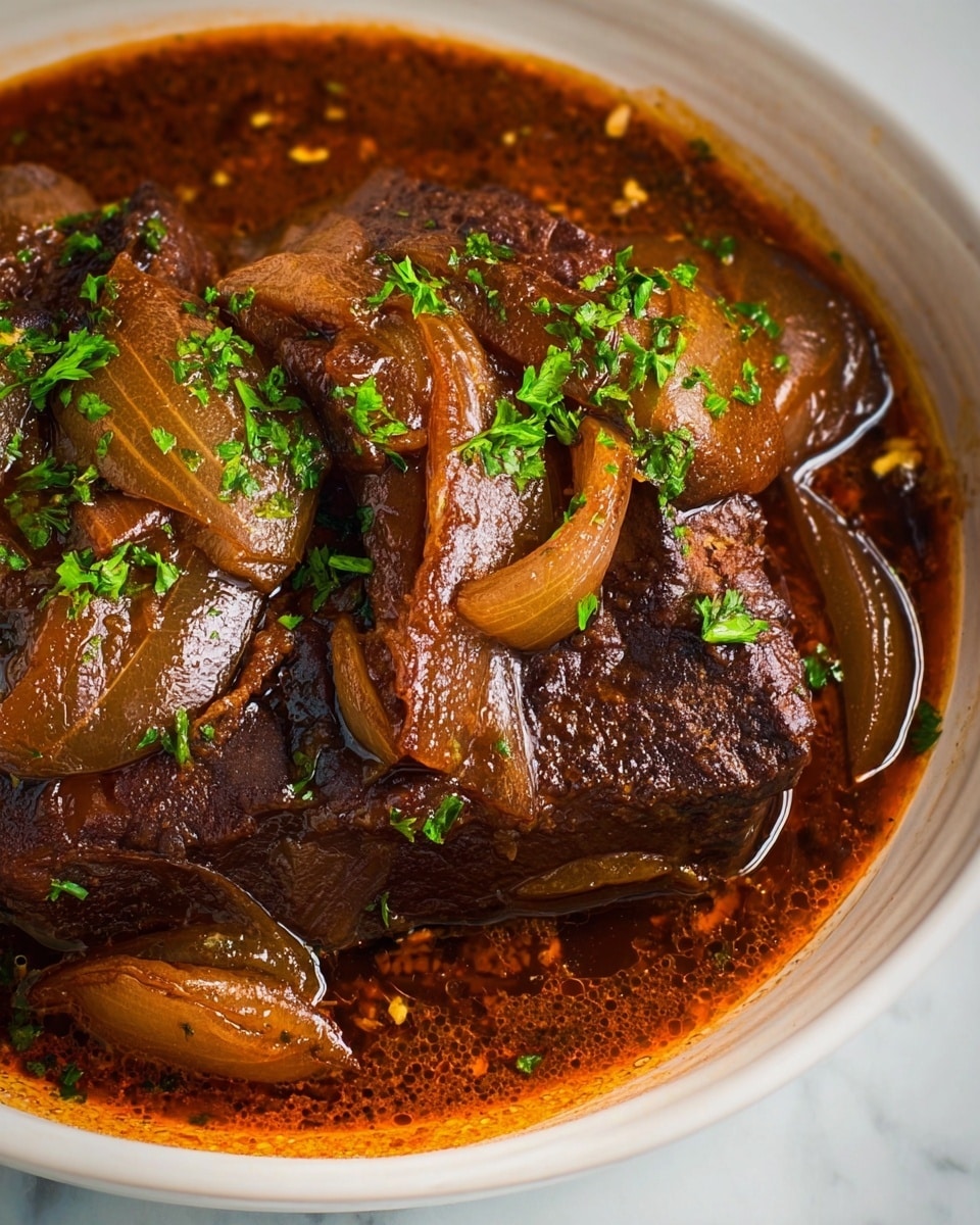 A close-up of a dish featuring a large piece of dark brown cooked meat in a thick, rich sauce with a glossy texture. The meat is covered with several layers of soft, cooked onion slices that are light brown with a slightly translucent look. Small green parsley pieces are sprinkled on top of the meat and onions, adding a pop of color. The sauce has a shiny surface with small bubbles and bits of garlic. The dish is served in a white bowl placed on a white marbled surface. Photo taken with an iphone --ar 4:5 --v 7