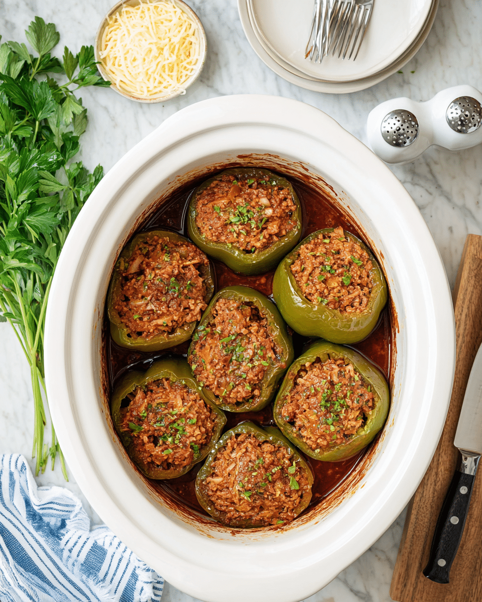 Five stuffed green bell pepper halves sit inside a white slow cooker, each filled with a mix of rice, ground meat, and small bits of vegetables, with green herb sprinkles on top. The peppers' smooth green edges contrast with the textured filling that has light brown, white, and reddish colors. The slow cooker holds a thick, chunky tomato-based sauce at the bottom, visible around the peppers with a deep red-brown hue and some darkened edges from cooking. The scene is set on a white marbled surface, with a small bowl of shredded cheese, a pair of salt and pepper shakers, a partially visible white plate with two forks, a bunch of fresh green parsley, and a striped blue and white cloth with a knife nearby. photo taken with an iphone --ar 4:5 --v 7